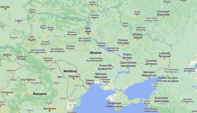 Ekrano nuotr. iš google.com/maps/Aneksuoti regionai pasaulio žemėlapiuose aiškiai priskiriami Ukrainos teritorijai, net ir Krymo pusiasalis atskiras tik punktyrine linija