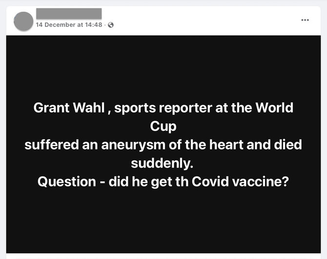 Ekrano nuotr. iš „Facebook“/Socialinių tinklų vartotojai Granto Wahlo mirtį klaidingai susiejo su vakcina nuo COVID-19