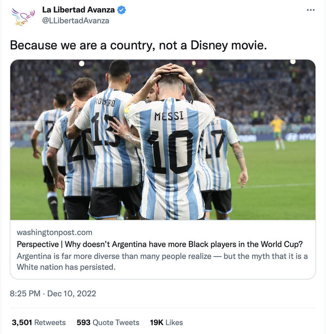 Ekrano nuotr. iš „Twitter“/Atsakymą į retorinį klausimą apie juodaodžius Argentinos futbolininkus pateikė ne rinktinė, o dešinioji politinė jėga 