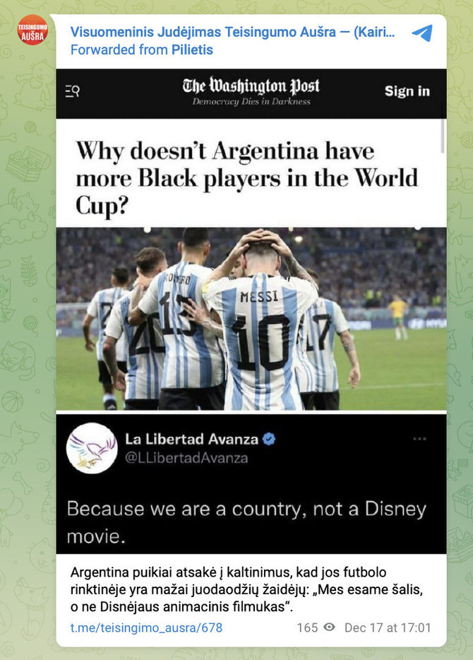 Ekrano nuotr. iš „Telegram“/Atsakymą į retorinį klausimą apie juodaodžius Argentinos futbolininkus pateikė ne rinktinė, o dešinioji politinė jėga 