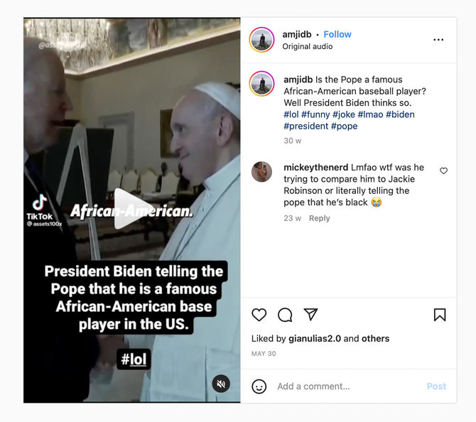 Ekrano nuotr. iš „Twitter“/Socialiniuose tinkluose plinta įrašai, esą JAV prezidentas Joe Bidenas pavadinęs popiežių Pranciškų juodaodžiu beisbolo žaidėju, bet jis iš tiesų kalbėjo apie sportininką