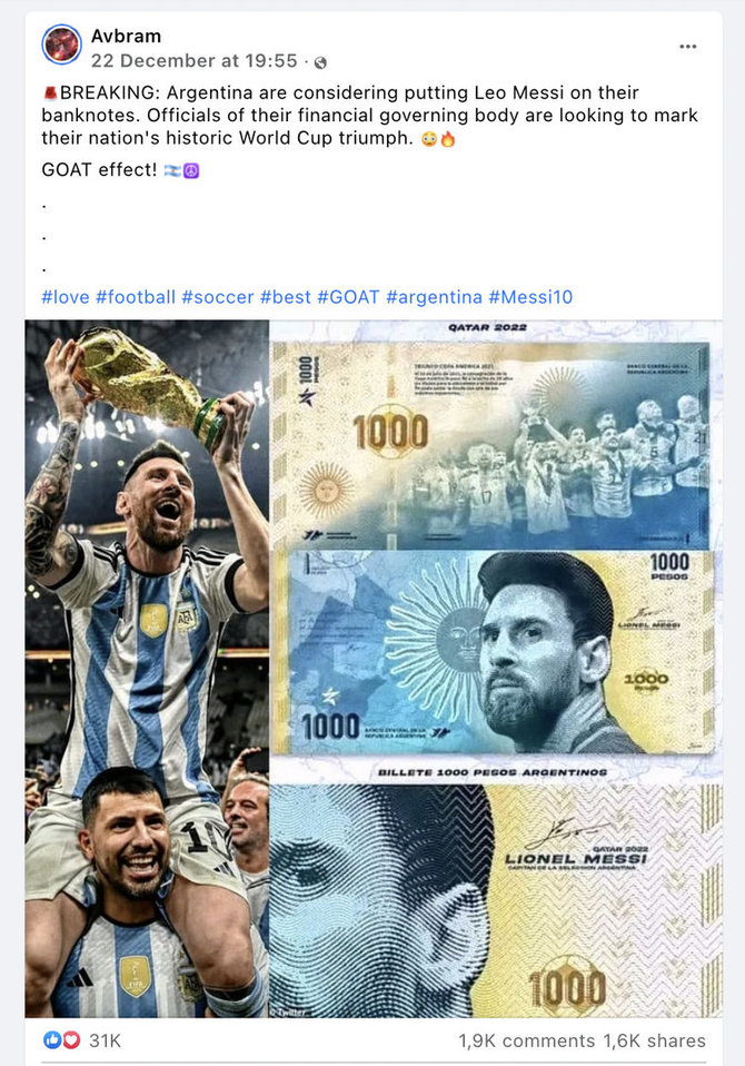 Ekrano nuotr. iš „Facebook“/Internete žaibiškai paplito žinia, esą Argentina ruošiasi Lionelio Messi veidą perkelti ant vieno banknoto
