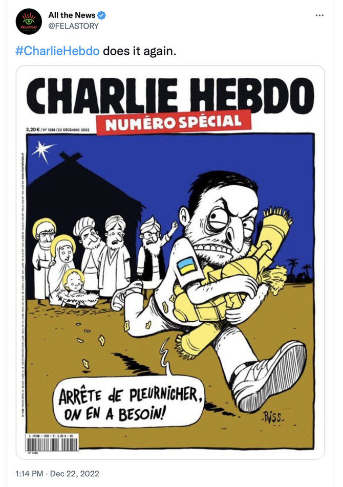 Ekrano nuotr. iš „Twitter“/Sarkastiškas piešinys Kalėdų tematika platinamas kaip tariamas žurnalo „Charlie Hebdo“ viršelis