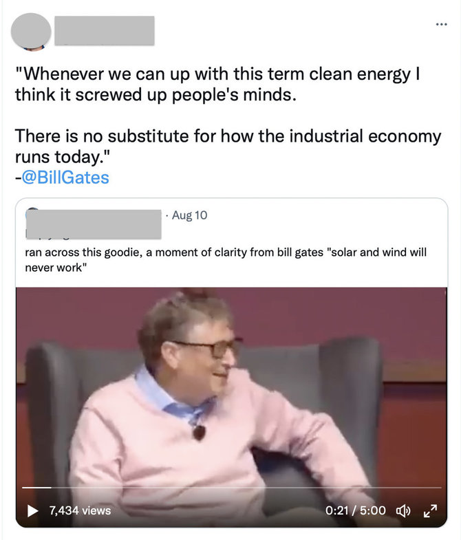 Ekrano nuotr. iš „Twitter“/Internautams užkliuvo Billo Gateso pasakyti žodžiai, esą „švari energija“ apsuko žmonėms galvas