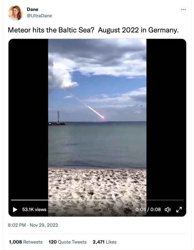 Ekrano nuotr. iš „Twitter“/Kompiuteriu sukurtas įrašas platinamas kaip Vokietijoje tariamai nukritusio meteorito vaizdas