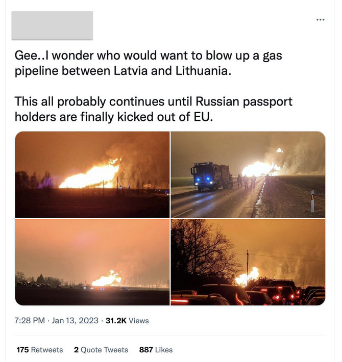 Ekrano nuotr. iš „Twitter“/Jau tą patį vakarą po sprogimo socialiniuose tinkluose pasirodė spėliojimų, esą už jo gali stovėti Rusija