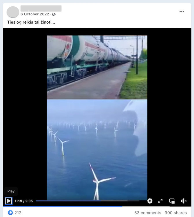Ekrano nuotr. iš „Facebook“/Vaizdo įraše kalbama apie milžinišką vėjo jėgainėms reikalingą tepalo kiekį, tačiau klimatologas tikina, kad ši informacija netiksli
