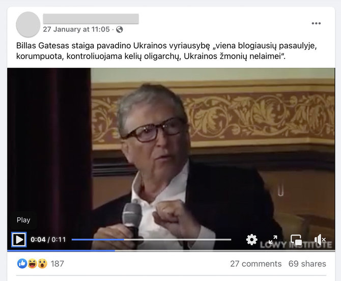Ekrano nuotr. iš „Facebook“/Internete platinamas ne visas Billo Gateso ištartas sakinys, todėl jo prasmė pasikeitė