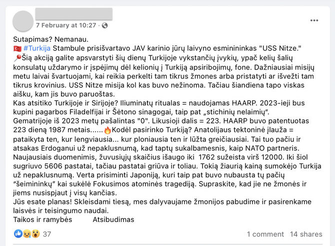 Ekrano nuotr. iš „Facebook“/Socialiniuose tinkluose imta ieškoti nenatūralių žemės drebėjimų Turkijoje ir Sirijoje priežasčių