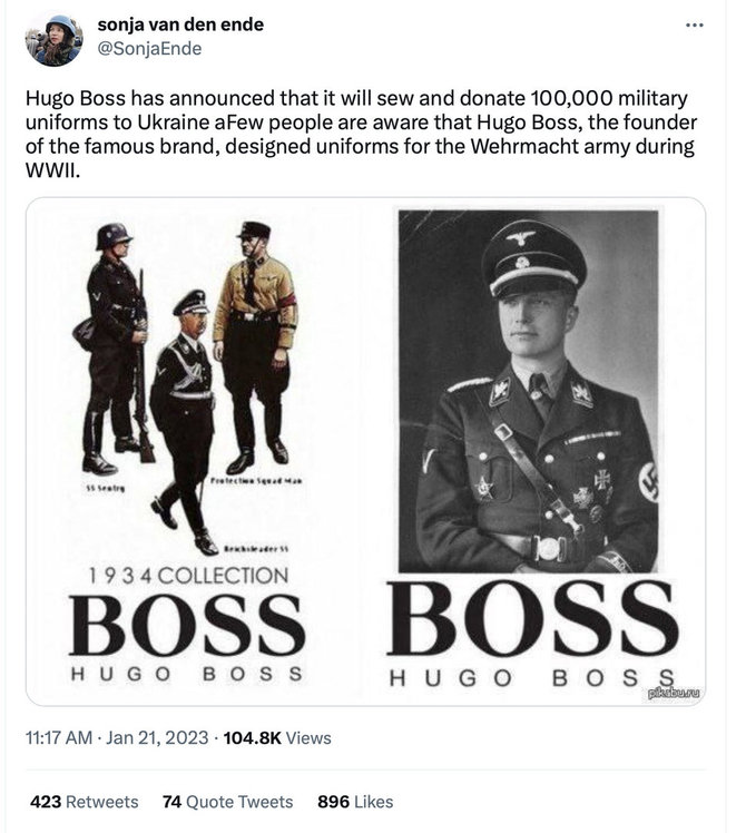 Ekrano nuotr. iš „Twitter“/Socialiniuose tinkluose plinta tvirtinimas, esą mados namai „Hugo Boss“ siūs uniformas Ukrainos kariams