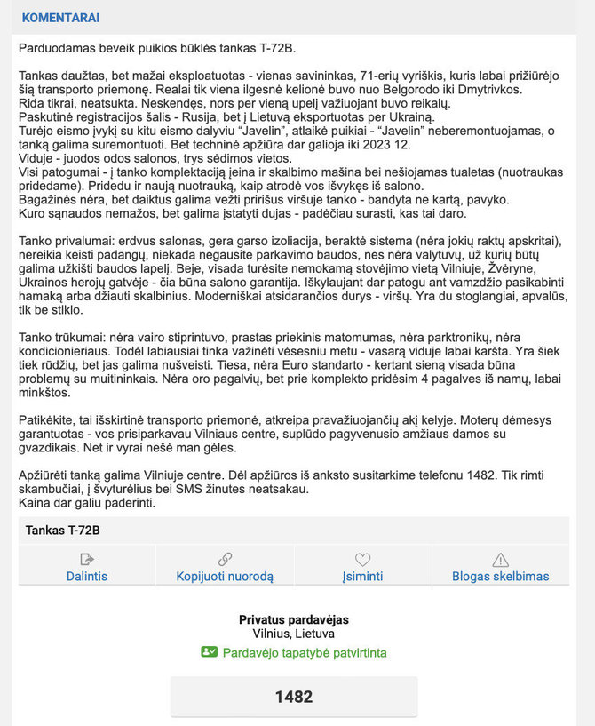 Ekrano nuotr. iš autoplius.lt/Prie skelbimo nurodytas numeris, kuriuo paskambinus galima skirti paramos Ukrainai