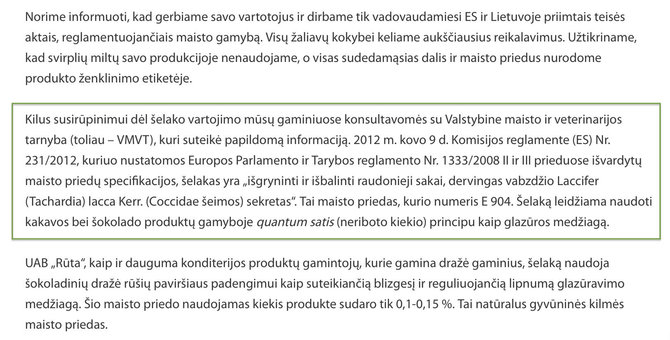 Ekrano nuotr. iš ruta.lt/Bendrovės „Rūta“ komentaras dėl šelako naudojimo