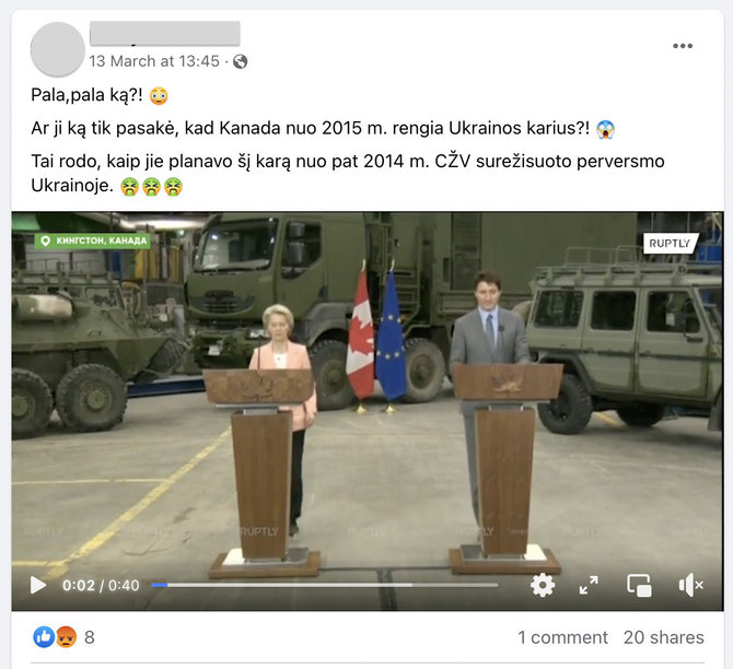 Ekrano nuotr. iš „Facebook“/Europos Komisijos vadovės Ursulos von der Leyen žodžiai apie Ukrainos karių ruošimą buvo suprasti klaidingai