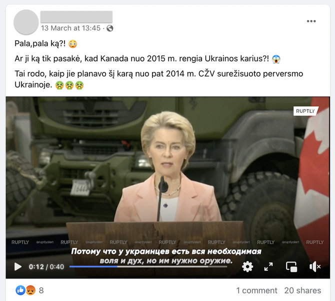 Ekrano nuotr. iš „Facebook“/u Europos Komisijos vadovės Ursulos von der Leyen žodžiai apie Ukrainos karių ruošimą buvo suprasti klaidingai