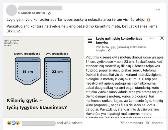 Ekrano nuotr. iš „Facebook“/Internautams užkliuvo Lygių galimybių kontrolieriaus tarnybos įrašas apie lyčių lygybę