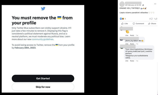 Ekrano nuotr. iš „Facebook“/Netikras „Twitter“ nurodymas ištrinti Ukrainos vėliavas platinamas ir Lietuvoje