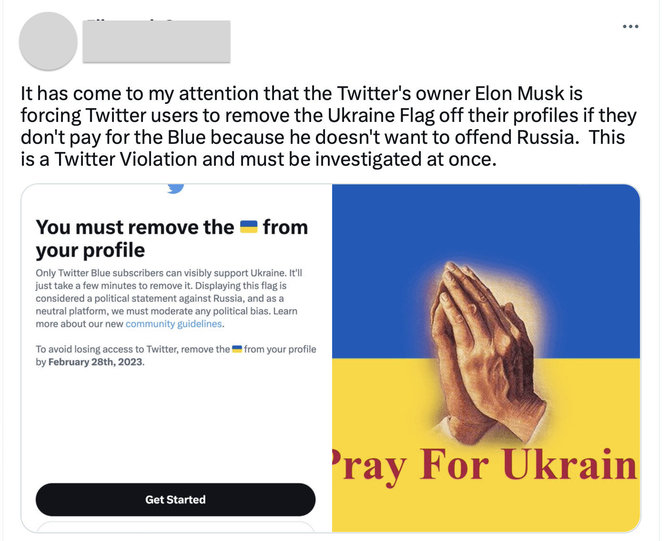 Ekrano nuotr. iš „Twitter“/„Twitter“ tokio įspėjimo dėl Ukrainos vėliavų nerašė