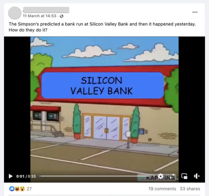 Ekrano nuotr. iš „Facebook“/Netrukus po „Silicon Valley Bank“ žlugimo internete ėmė plisti žinutės, esą tai buvo nuspėta seriale „Simpsonai“