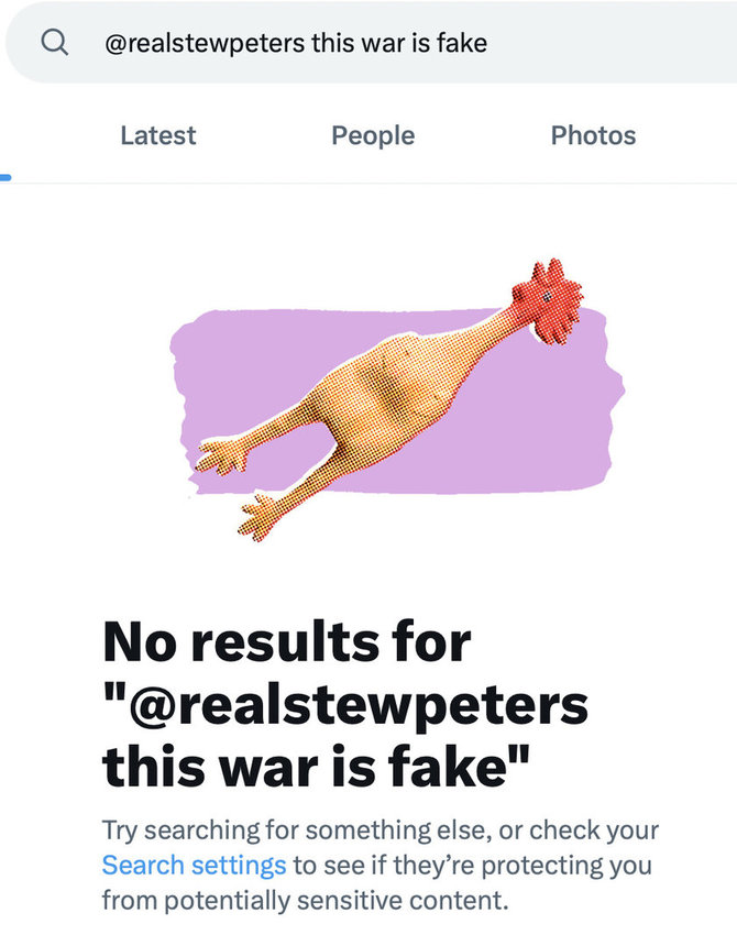 Captura de pantalla de Twitter/la publicación de Stew Peters de que la guerra en Ucrania es un engaño ha sido eliminada por Twitter