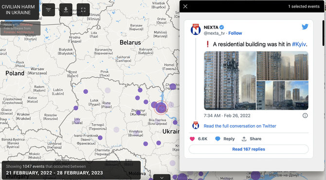 Ekrano nuotr. iš ukraine.bellingcat.com/Ataka prieš daugiaaukštį įtraukta į Nyderlandų tiriamosios žurnalistikos grupės „Bellingcat“ incidentų, per karą sukėlusių galimą pavojų civiliams gyventojams, duomenų bazę