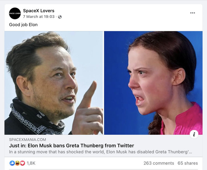 Ekrano nuotr. iš „Facebook“/Žinutė apie tai, kad Gretos Thunberg paskyra „Twitter“ užblokuota, buvo satyra, bet ja susidomėjo tūkstančiai internautų