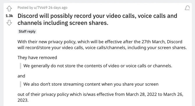 Ekrano nuotr. iš „Reddit“/Internete dalijamasi įspėjimais, esą „Discord“ pradės įrašinėti pokalbius ir skambučius bei perduos dirbtiniam intelektui