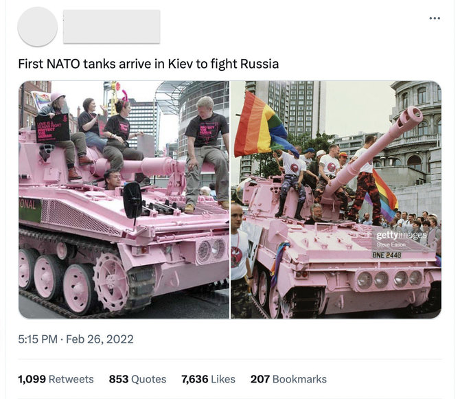 Ekrano nuotr. iš „Twitter“/Rožinės karinės technikos kaip esą Ukrainai skirtos paramos nuotraukos platinamos jau seniai