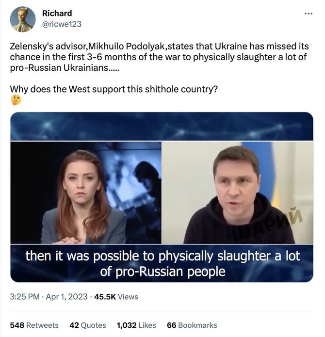 Ekrano nuotr. iš „Twitter“/Ukrainos prezidento kanceliarijos vadovo patarėjas Mychailo Podoliakas nesakė, kad prorusiškai nusiteikę žmonės turėjo būti išžudyti