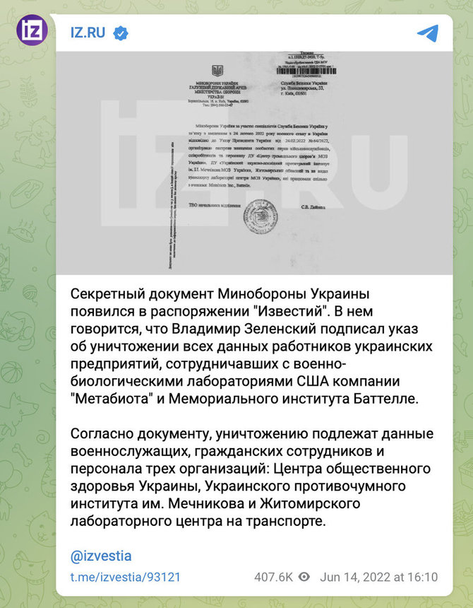Ekrano nuotr. iš „Twitter“/Netikras dokumentas pirmiausiai pasirodė leidinio „Izvestija“ kanale „Telegram“