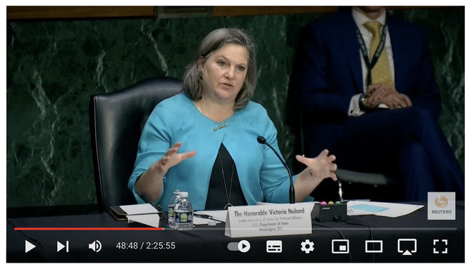 Ekrano nuotr. iš „YouTube“/vVictorija Nuland per klausymus JAV Senate kalbėjo apie biologinius tyrimus Ukrainoje, bet nesakė, kad ji kūrė biologinius ginklus