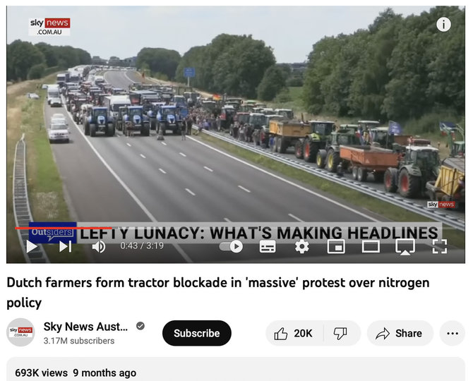 Ekrano nuotr. iš „YouTube“/Nyderlandų ūkininkai didžiulę protesto akciją buvo surengę 2022 m. rugpjūtį
