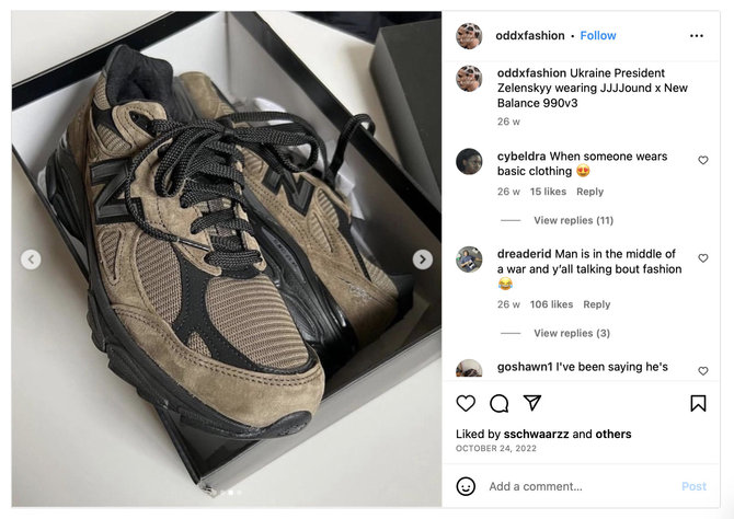 Ekrano nuotr. iš „Instagram“/Volodymyras Zelenskis avėjo „New Balance“ batus, ant kurių yra raidė N, ne Z