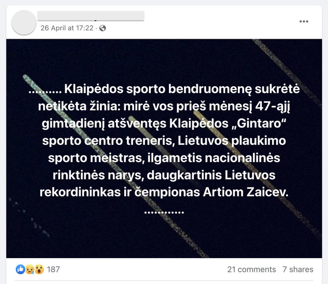 Ekrano nuotr. iš „Facebook“/Buvusio plaukiko, trenerio Artiomo Zaicevo mirtis vėl įplieskė diskusiją apie tariamą pragaištingą vakcinų nuo COVID-19 poveikį