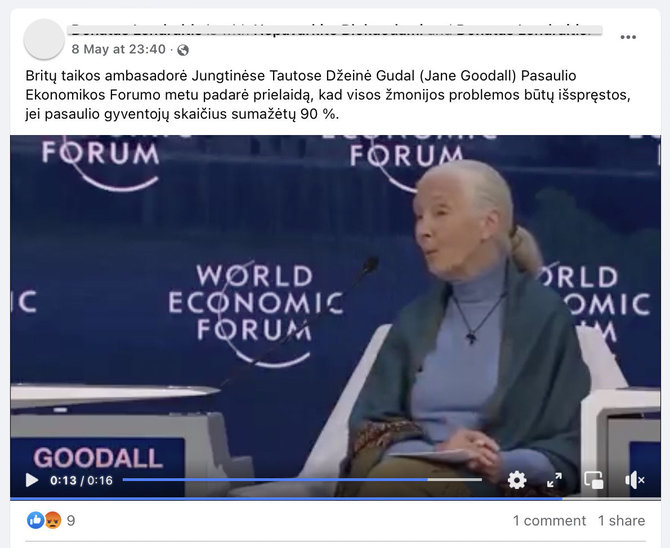 Ekrano nuotr. iš „Facebook“/Primatologės Jane Goodall žodžiai buvo ištraukti iš konteksto – ji nesakė, kad žmonija turėtų naikinama