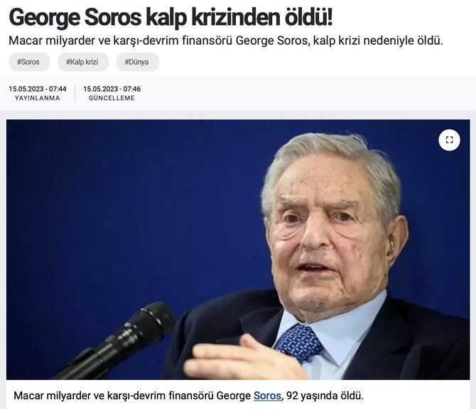 Ekrano nuotr. iš izgazete.net/Nemažai Turkijos tinklalapių pranešė, esą George'as Sorosas mirė nuo širdies smūgio