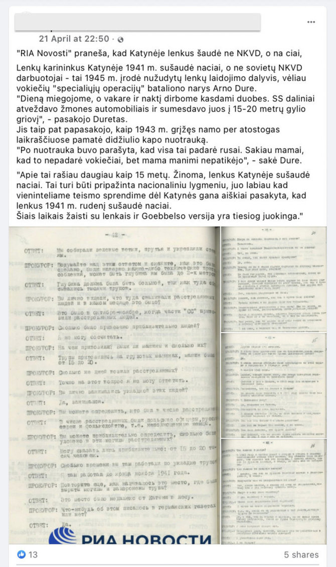 Ekrano nuotr. iš „Facebook“/Lietuvoje platinamas dar sovietų paneigtas mitas, esą Katynėje žudė ne NKVD darbuotojai, o naciai