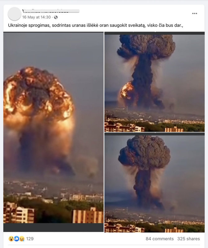 Ekrano nuotr. iš „Facebook“/Socialiniuose tinkluose aiškinama, esą Ukrainoje įvyko branduolinis sprogimas, todėl gresia pavojus