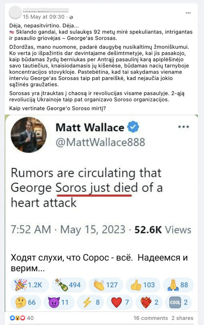 Žinia apie George'o Soroso mirtį buvo melas