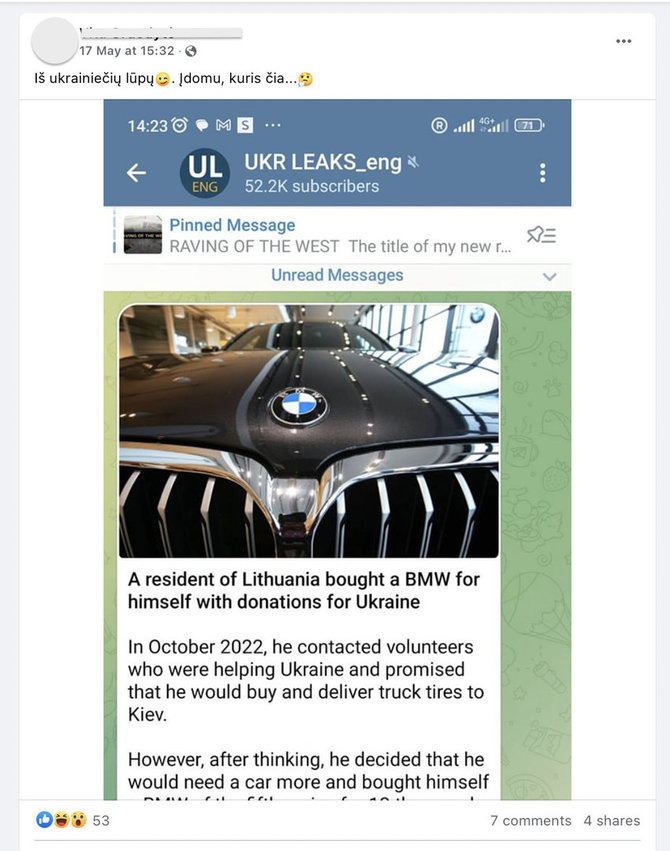 Screenshot von Facebook/Die Geschichte eines Litauers, der mit Geld, das er für ein kriegführendes Land gesammelt hatte, einen BMW kaufte und über die Ukraine nach Litauen zurückkehrte