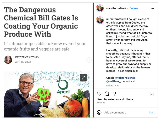 Ekrano nuotr. iš „Instagram“/Melas, kad Billas Gatesas sugalvojo technologiją vaisiams bei daržovėms apsaugoti ir kad ji yra pavojinga