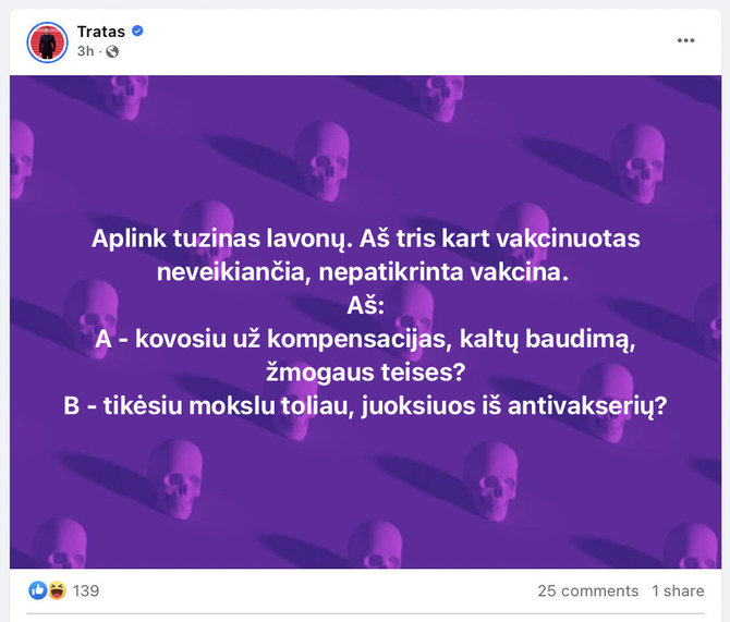 Ekrano nuotr. iš „Facebook“/Tą pačią dieną toje pačioje aktoriaus paskyroje atsirado dar vienas įrašas apie skiepus