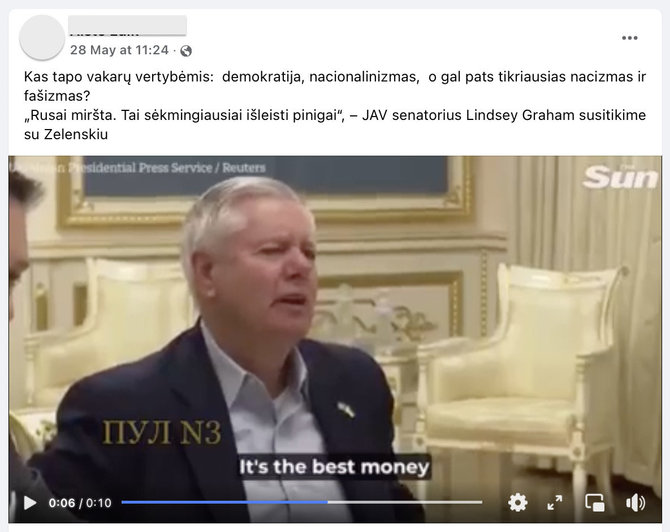 Ekrano nuotr. iš „Facebook“/Internete platinamas permontuotas vaizdo įrašas su JAV senatoriaus Lindsey Grahamo žodžiais