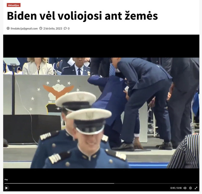 Ekrano nuotr. iš http://laisvas.info/Joe Bideno pagriuvimas užkliuvus už smėlio maišo tapo proga iš jo pasityčioti