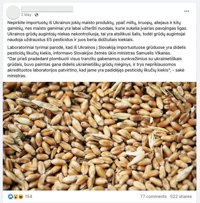 Ekrano nuotr. iš „Facebook“/Internete nepagrįstai aiškinama, kad iš Ukrainos importuojami maisto produktai be jokių išlygų yra pavojingi
