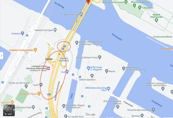 Ekrano nuotr. iš google.com/maps/Naujasis Elbės tiltas tapo jungtimi tarp svarbių tarpregioninių kelių