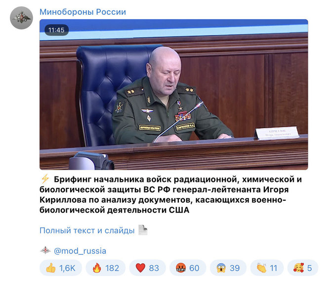 Ekrano nuotr. iš „Telegram“/Gen. ltn. Igoris Kirillovas pranešė, esą amerikiečiai ruošiasi bepiločiais lėktuvais gabenti uodus, „kuriais užkrėstų priešo karius“