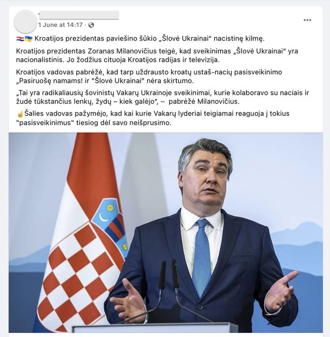Ekrano nuotr. iš „Facebook“/Kroatijos prezidentas Zoranas Milanovičius šūkį „Šlovė Ukrainai!“ susiejo su naciais