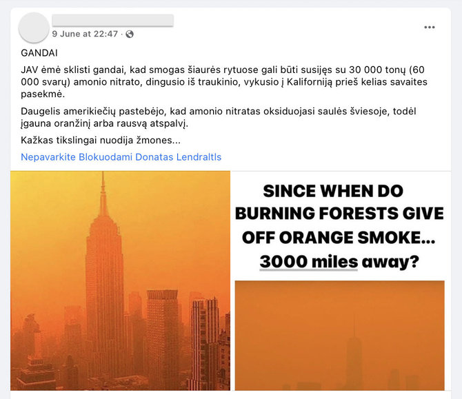 Ekrano nuotr. iš „Facebook“/Socialiniuose tinkluose platinama melagiena, esą Niujorką oranžinis smogas apgaubė ne dėl miškų gaisrų Kanadoje