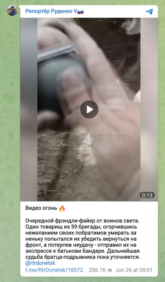 Ekrano nuotr. iš „Telegram“/Įraše akimirką parodoma granata, bet ar sprogmuo tikrai buvo įmestas į slėptuvę, neaišku