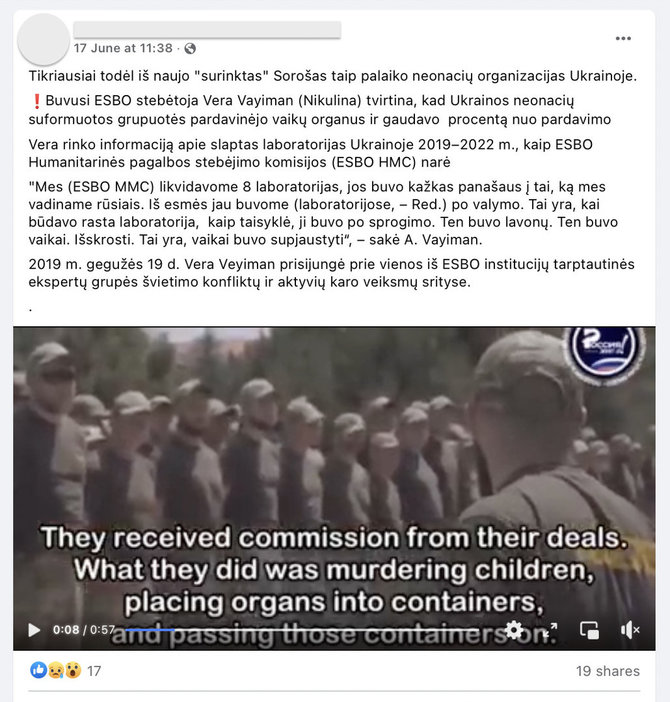Ekrano nuotr. iš „Facebook“/Vėl platinama melagiena apie ukrainiečių tariamai grobiamus ir vėliau juodojoje rinkoje organams parduodamus rusakalbių šeimų vaikus